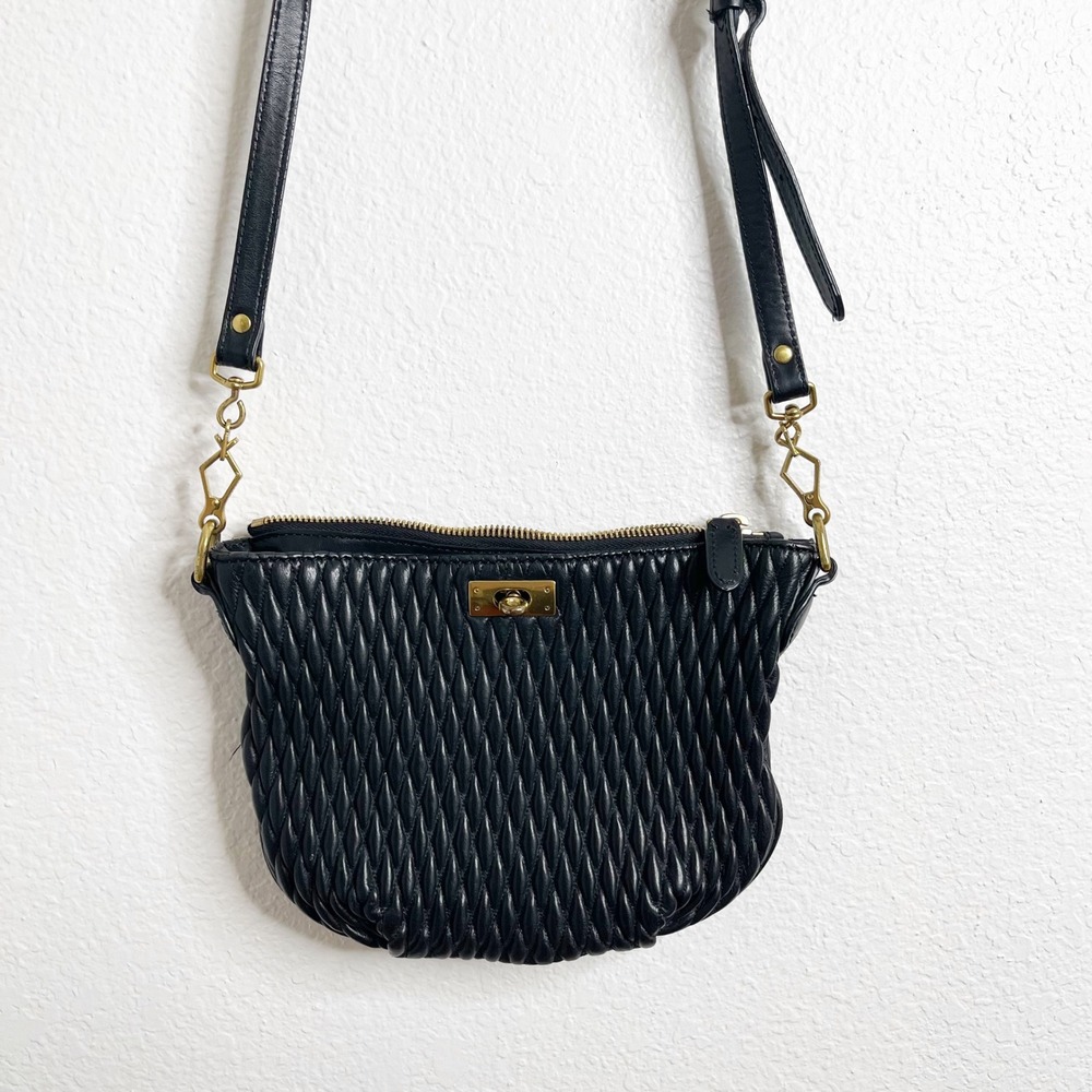 J.Crew Black Quilted Leather Crossbody Bag Brass Hardware Edie Purse